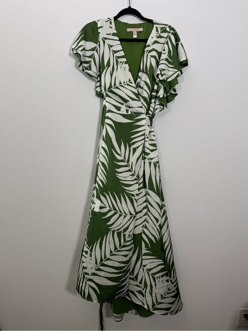 Hutch Finn Tropical Palm Print Wrap Maxi Dress Green White Resort Boho Vacation
